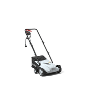 Dapper Supply 13-inch electric dethatcher and scarifier front angle with collection bag.