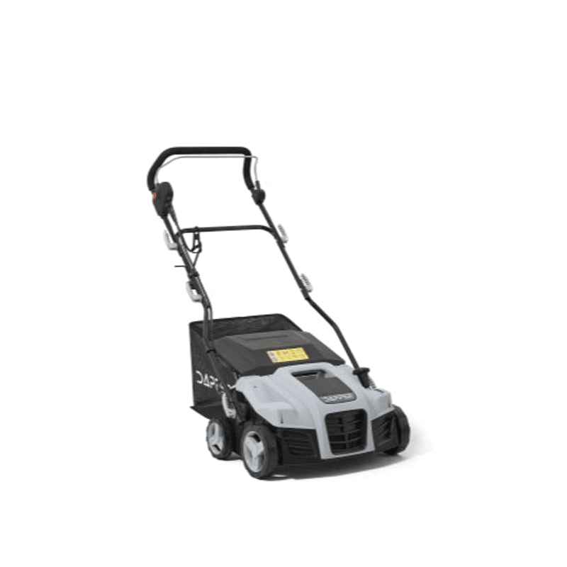 Dapper Supply 16-inch electric dethatcher and scarifier front angle view.