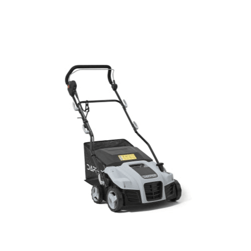 Dapper Supply 16-inch electric dethatcher and scarifier front angle view.