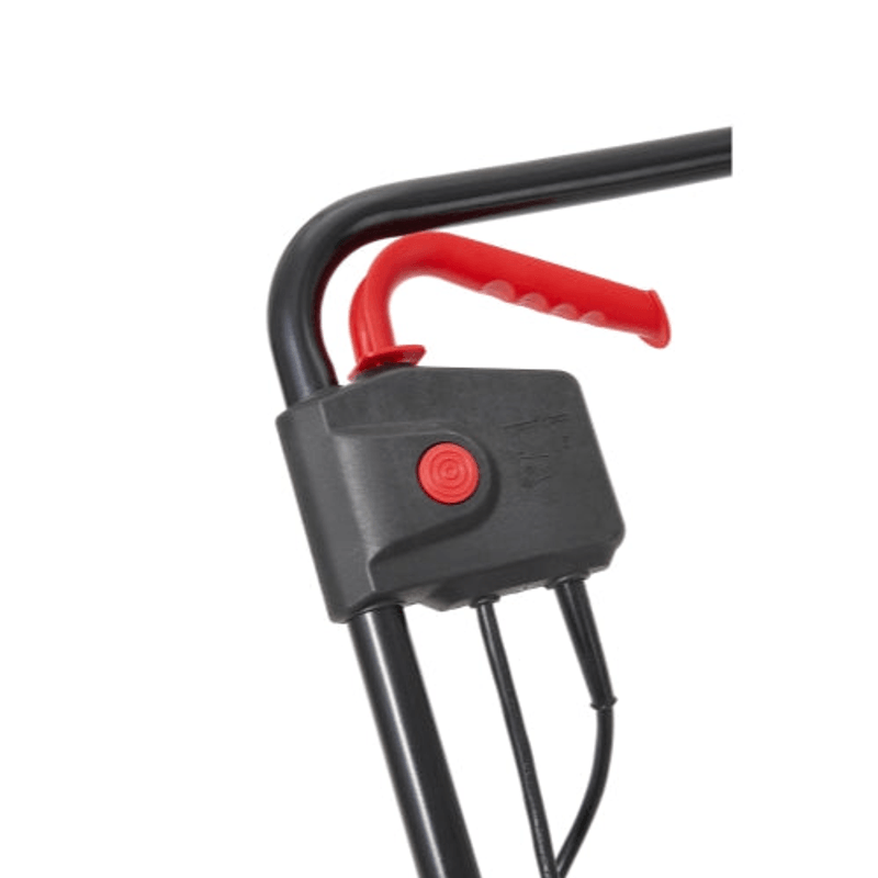 Dapper Supply 13-inch electric dethatcher and scarifier handle safety switch closeup.