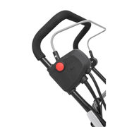 Dapper Supply electric dethatcher handle safety switch closeup.