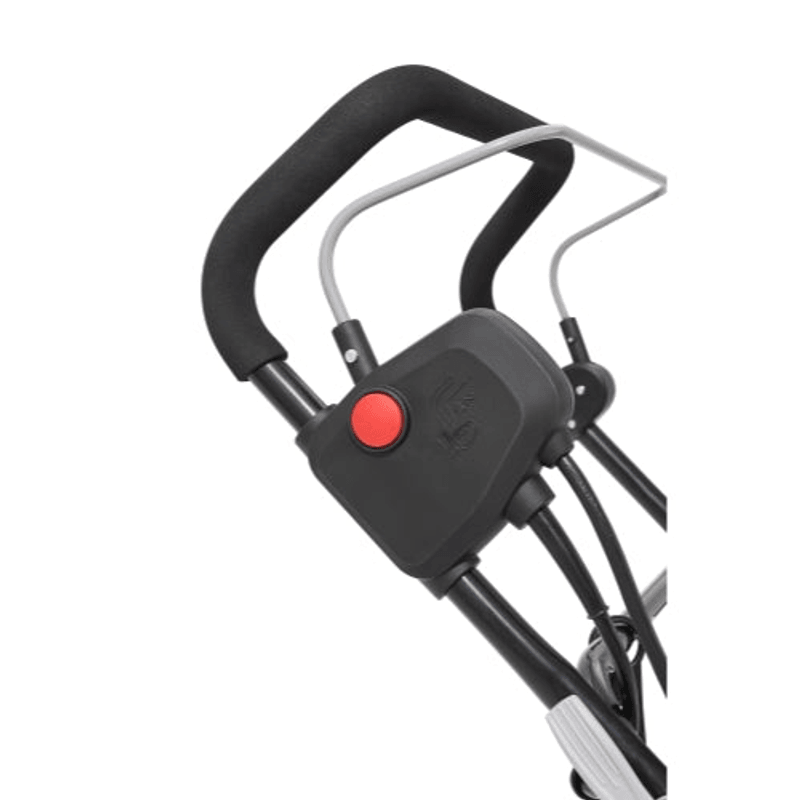 Dapper Supply electric dethatcher handle safety switch closeup.