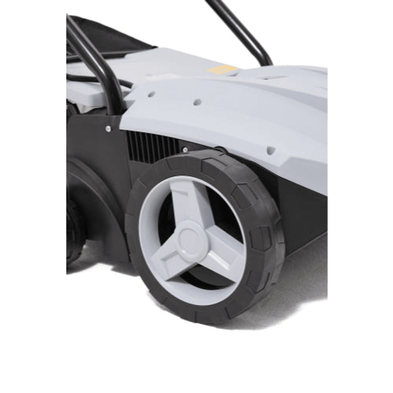 Dapper Supply 13-inch electric dethatcher and scarifier rear wheel closeup.