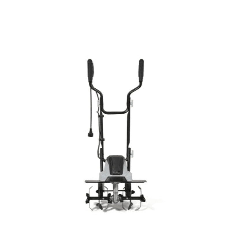 Dapper Supply electric tiller cultivator front view with handle upright.