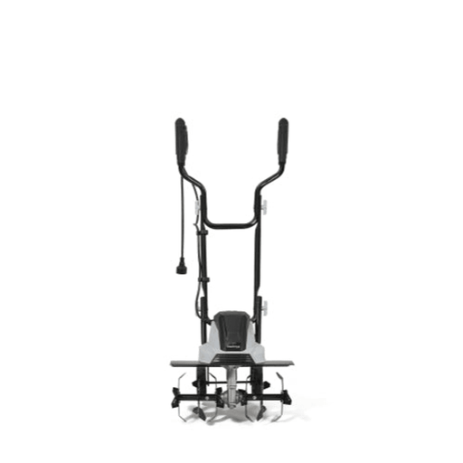 Dapper Supply electric tiller cultivator front view with handle upright.