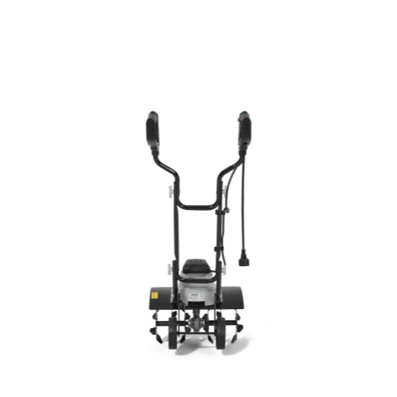 Dapper Supply electric tiller cultivator rear view showing the handle and frame.