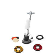 Dapper Supply 13-inch floor buffer polisher shown with its pad and brush accessory set.