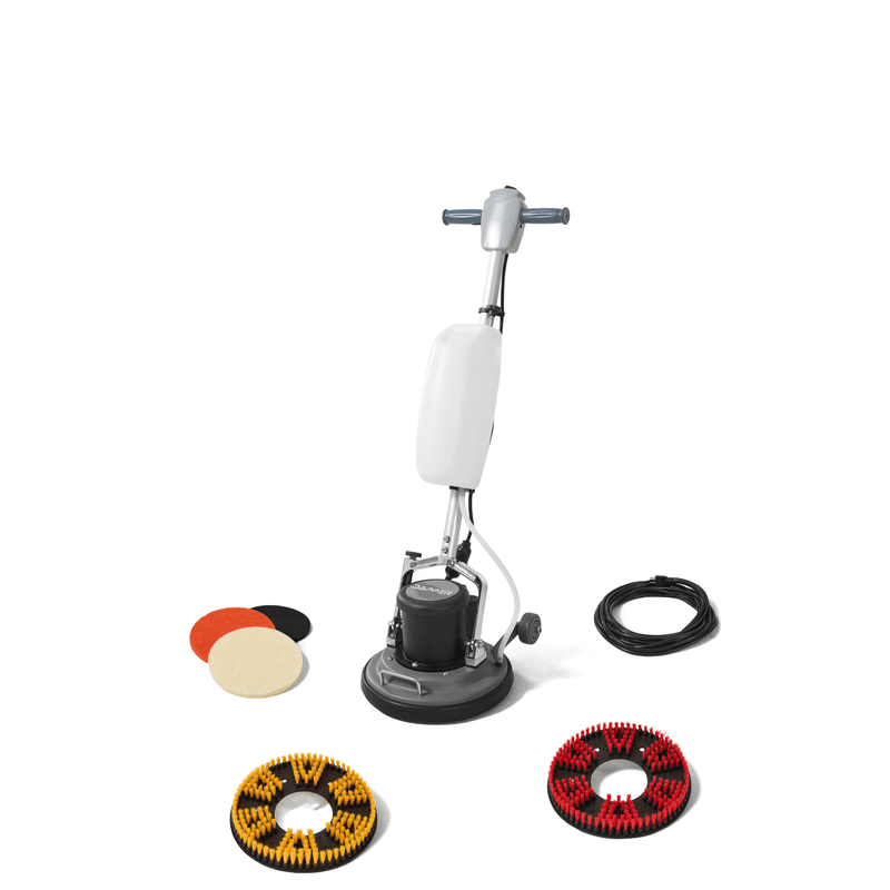 Dapper Supply 13-inch floor buffer polisher shown with its pad and brush accessory set.