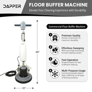 Dapper Supply floor buffer polisher infographic showing 48-inch height and 13-inch width.