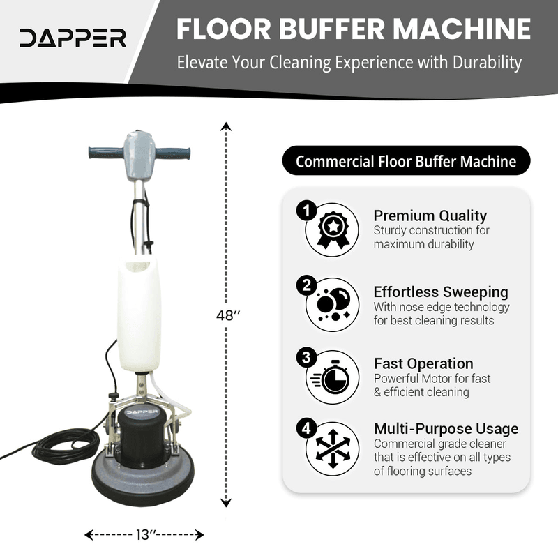 Dapper Supply floor buffer polisher infographic showing 48-inch height and 13-inch width.