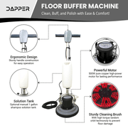 Dapper Supply floor buffer polisher infographic highlighting the 500W motor and solution tank.