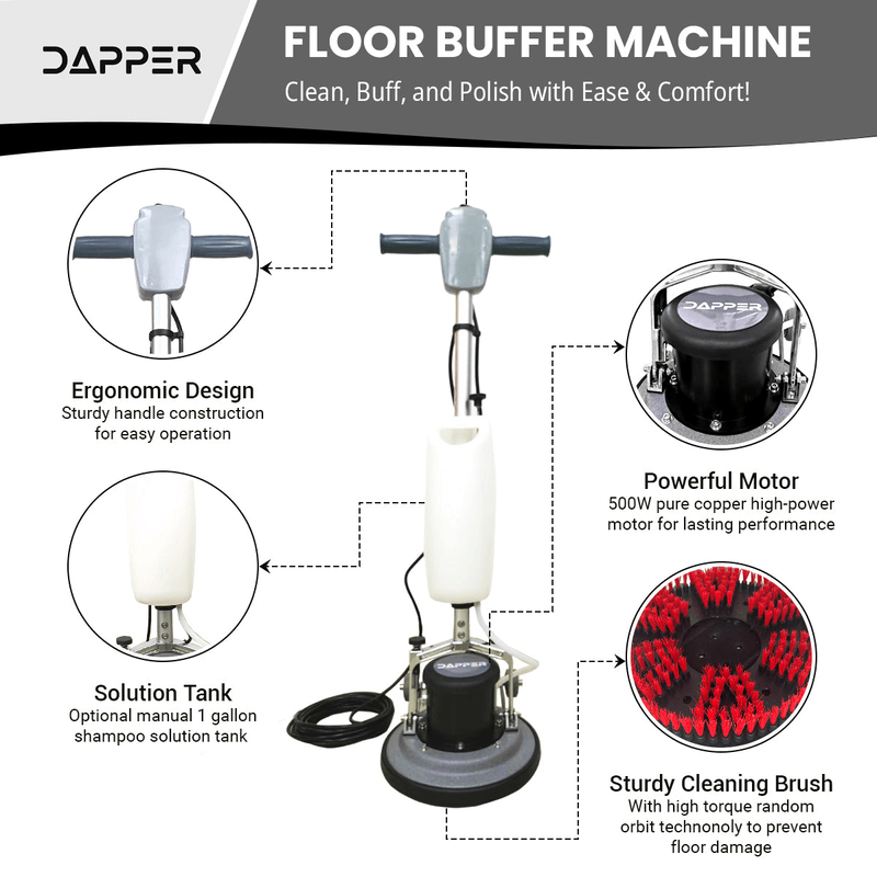 Dapper Supply floor buffer polisher infographic highlighting the 500W motor and solution tank.