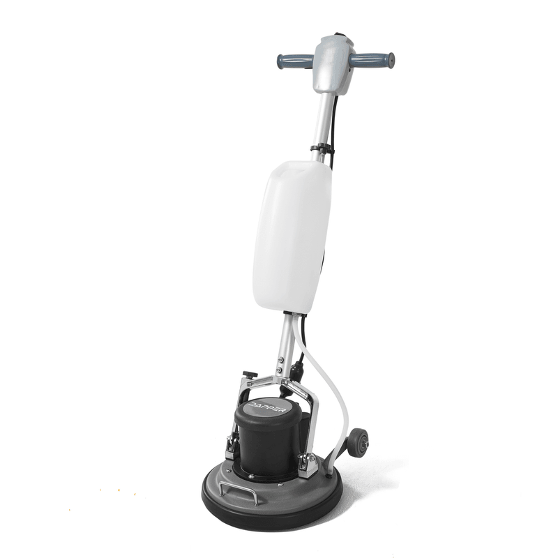 Dapper Supply 13-inch floor buffer polisher front angle with white handle and pad driver.