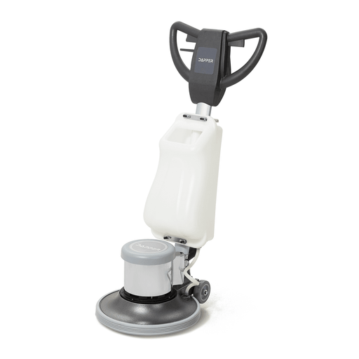 Dapper Supply 17-inch floor buffer polisher front angle with solution tank.