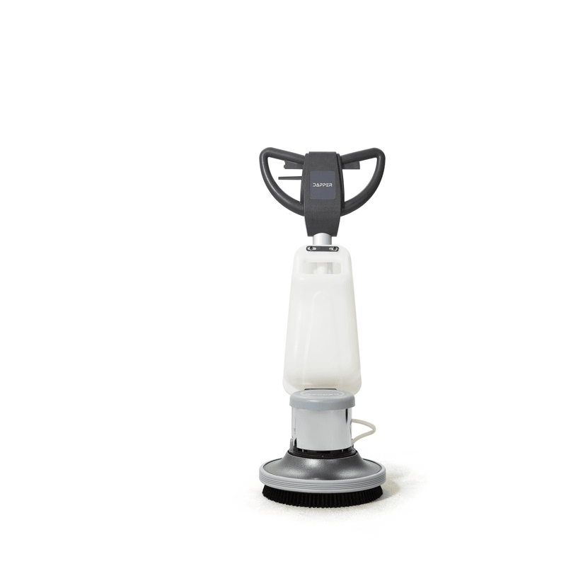 Dapper Supply 17-inch floor buffer polisher front view with brush attached.