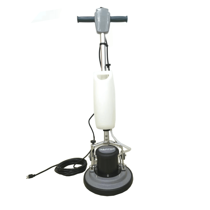 Dapper Supply 13-inch floor buffer polisher front view with coiled power cord.