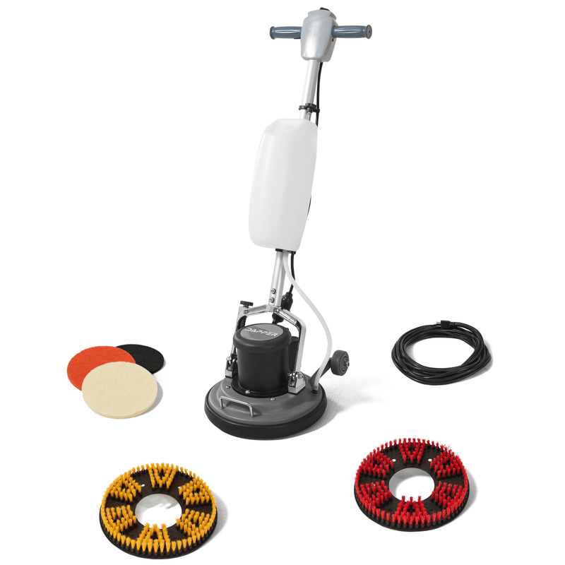 Dapper Supply 13-inch floor buffer polisher with included scouring pads, brushes, and cord.