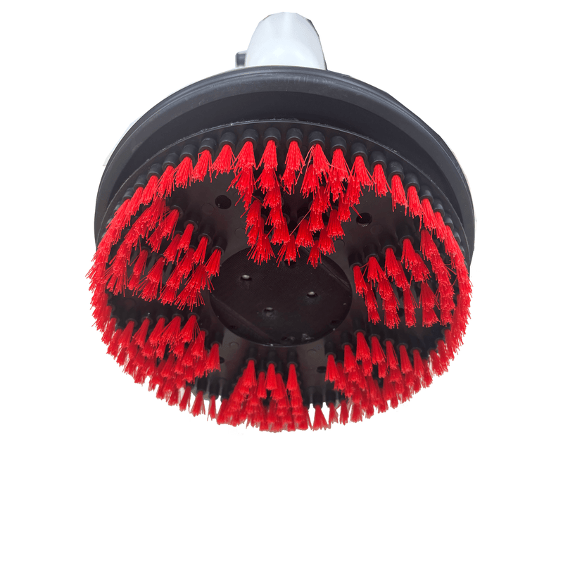 Dapper Supply floor buffer polisher with the red scrubbing brush installed.