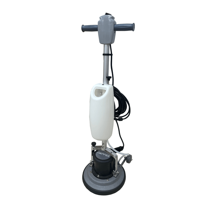 Dapper Supply 13-inch floor buffer polisher side view showing solution tank and cord.