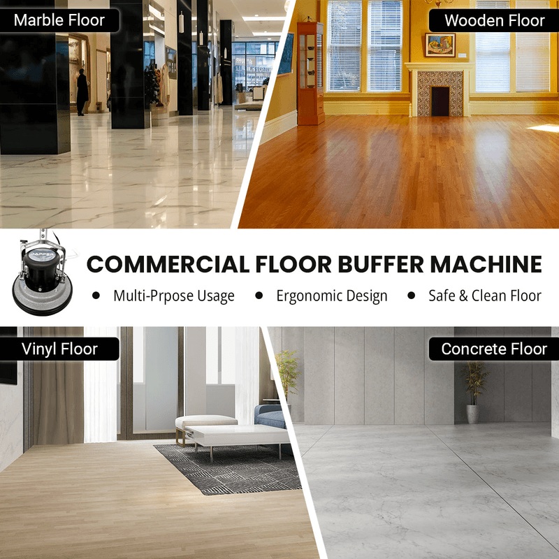 Dapper Supply floor buffer polisher infographic showing use on marble, wood, vinyl, and concrete.