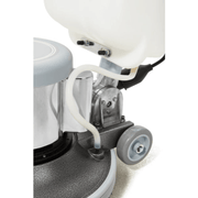 Dapper Supply 17-inch floor buffer polisher close-up of the solution tank mount and wheels.