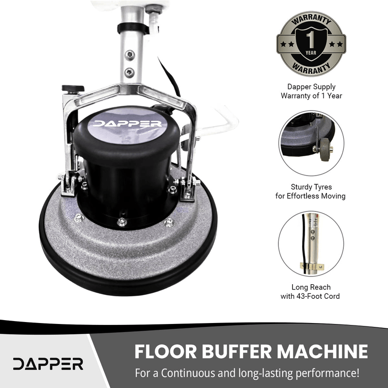 Dapper Supply floor buffer polisher infographic showing the 1-year warranty and 43-foot cord.