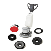 Dapper Supply 17-inch floor buffer polisher with included pads, brushes, and cord.