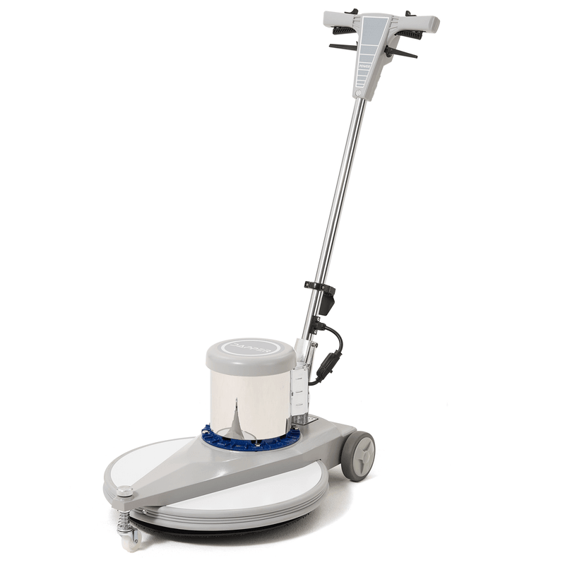 Dapper Supply 20-inch floor burnisher angled view with handle and pad driver.