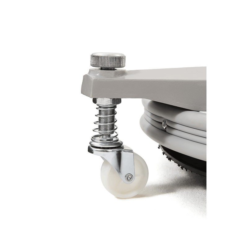 Dapper Supply floor burnisher closeup of the spring-loaded front caster.