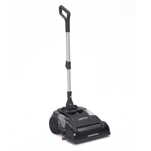 Dapper Supply cordless floor scrubber side angle view.