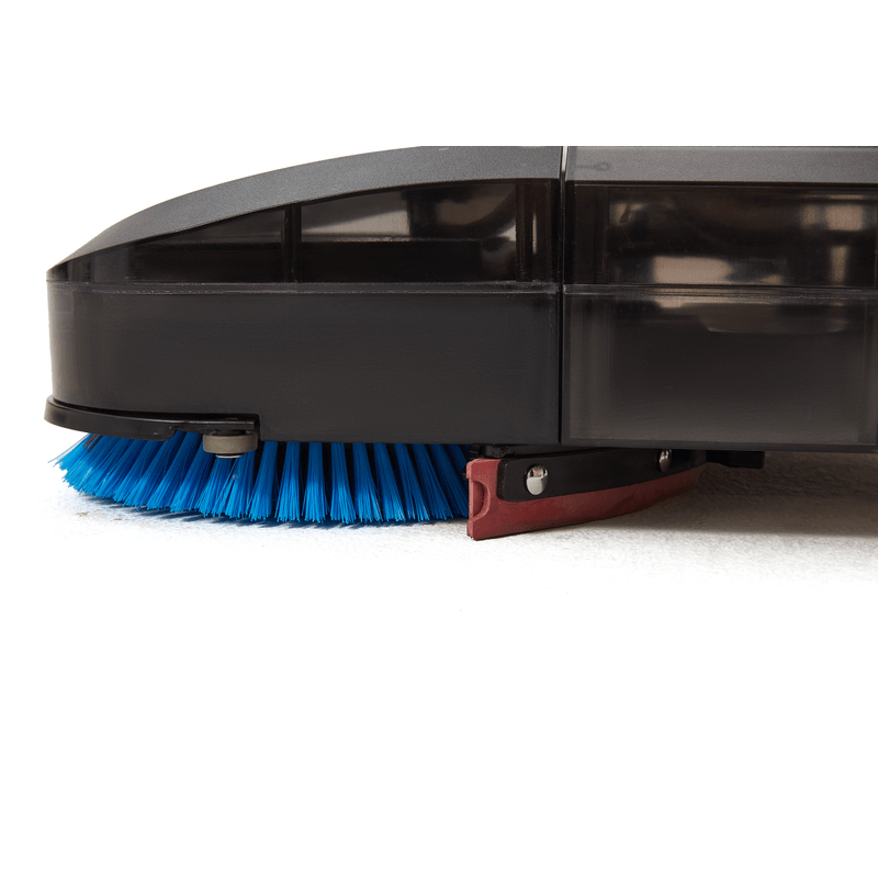 Dapper Supply 16-inch battery walk-behind floor scrubber brush and squeegee side closeup.