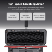 Dapper Supply floor scrubber infographic showing the 350 RPM brush and scrub action.