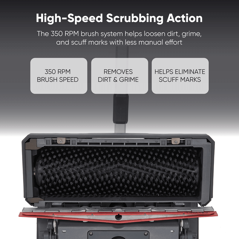 Dapper Supply floor scrubber infographic showing the 350 RPM brush and scrub action.