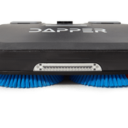 Dapper Supply 16-inch battery walk-behind floor scrubber front brushes and squeegee closeup.