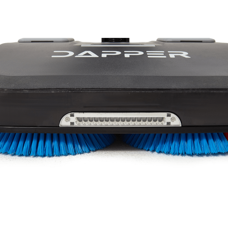 Dapper Supply 16-inch battery walk-behind floor scrubber front brushes and squeegee closeup.