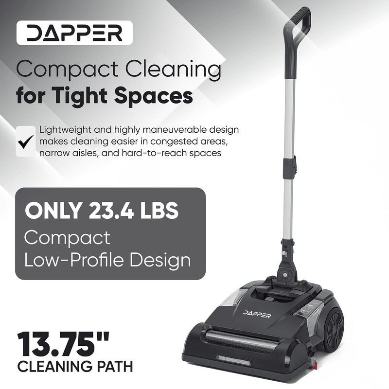 Dapper Supply floor scrubber infographic showing 23.4 lb weight and 13.75-inch cleaning path.
