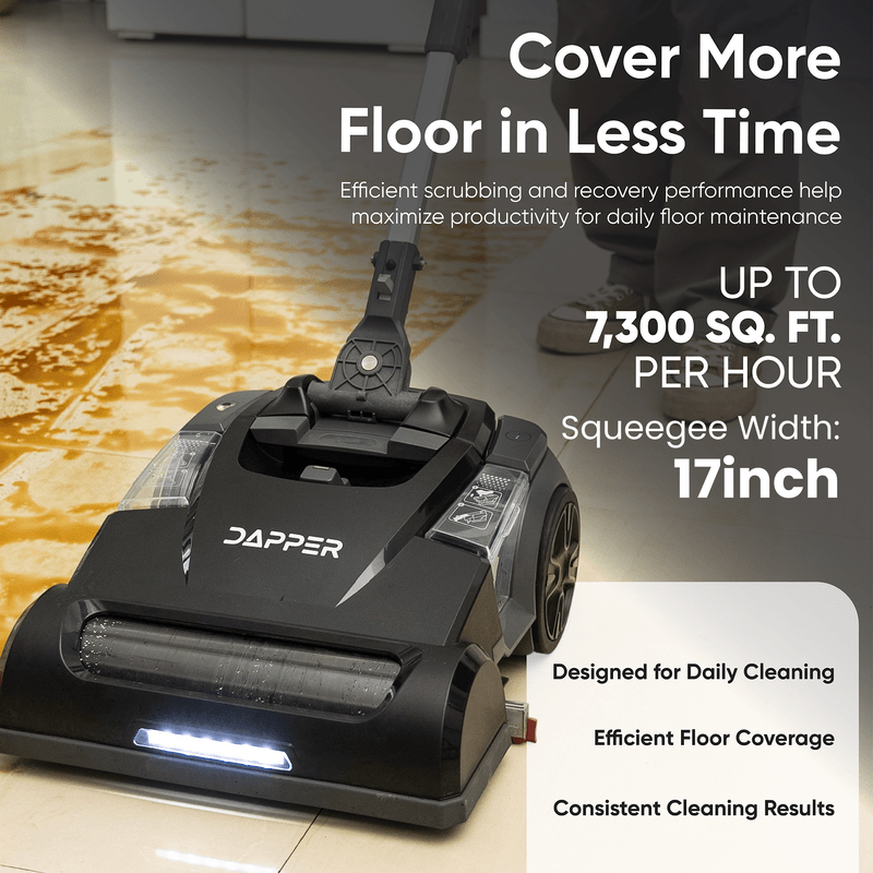 Dapper Supply floor scrubber infographic showing 7,300 sq. ft. per hour coverage and 17-inch squeegee width.
