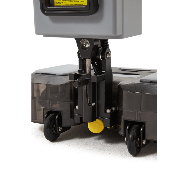 Dapper Supply 16-inch battery walk-behind floor scrubber deck and pivot linkage closeup.