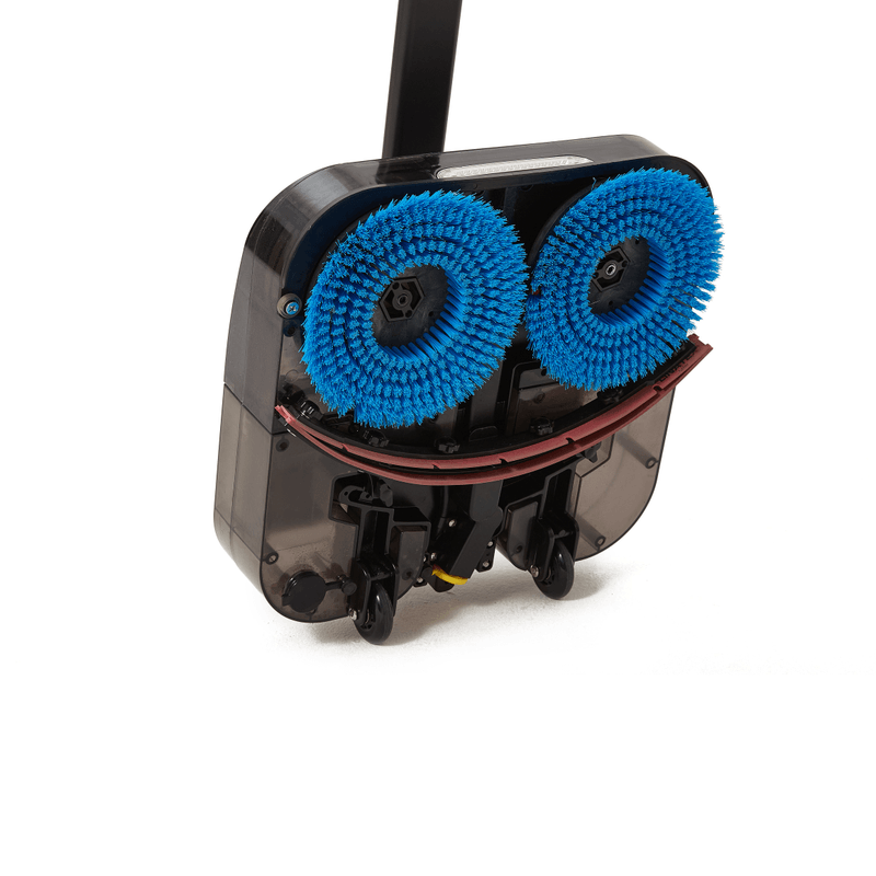 Dapper Supply 16-inch battery walk-behind floor scrubber dual blue scrub brushes underside.