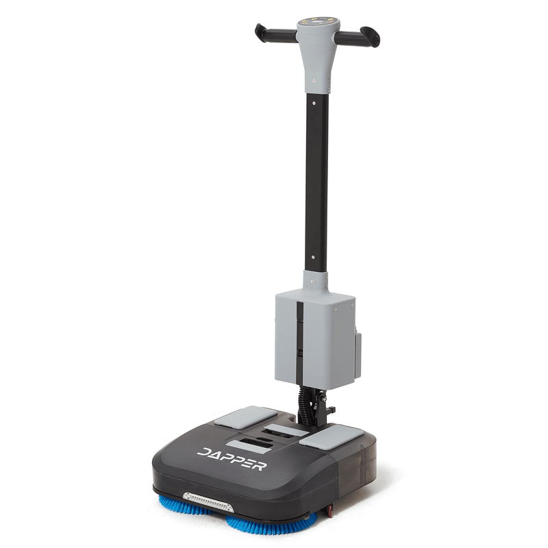 Dapper Supply 16-inch battery walk-behind floor scrubber front angle.