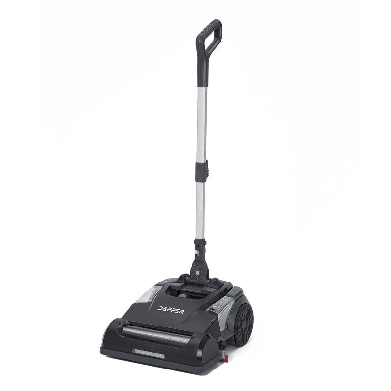 Dapper Supply cordless walk-behind floor scrubber front angle view.