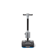 Dapper Supply 16-inch battery walk-behind floor scrubber front view with scrub brushes.
