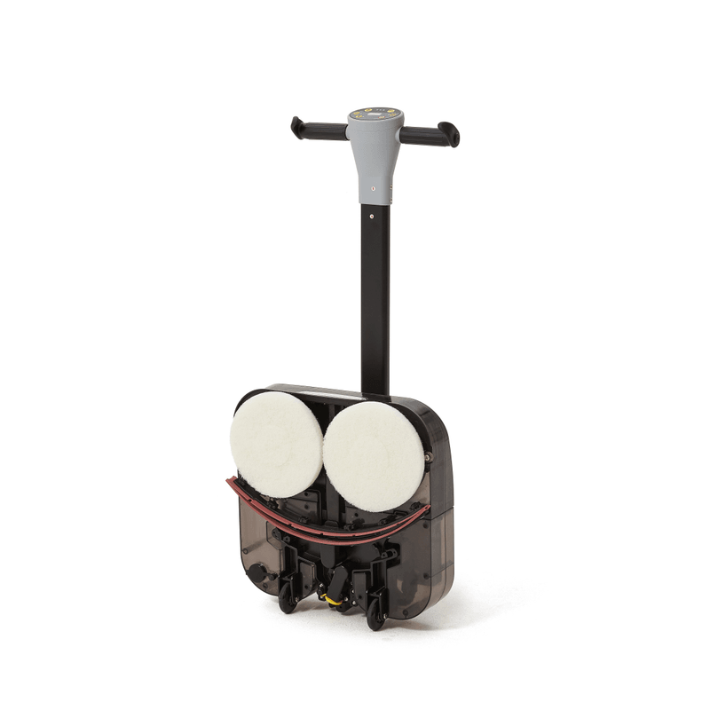 Dapper Supply 16-inch battery walk-behind floor scrubber fitted with white polishing pads.