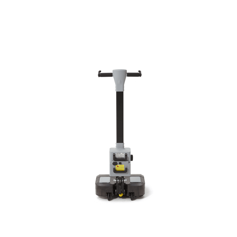 Dapper Supply 16-inch battery walk-behind floor scrubber rear view.