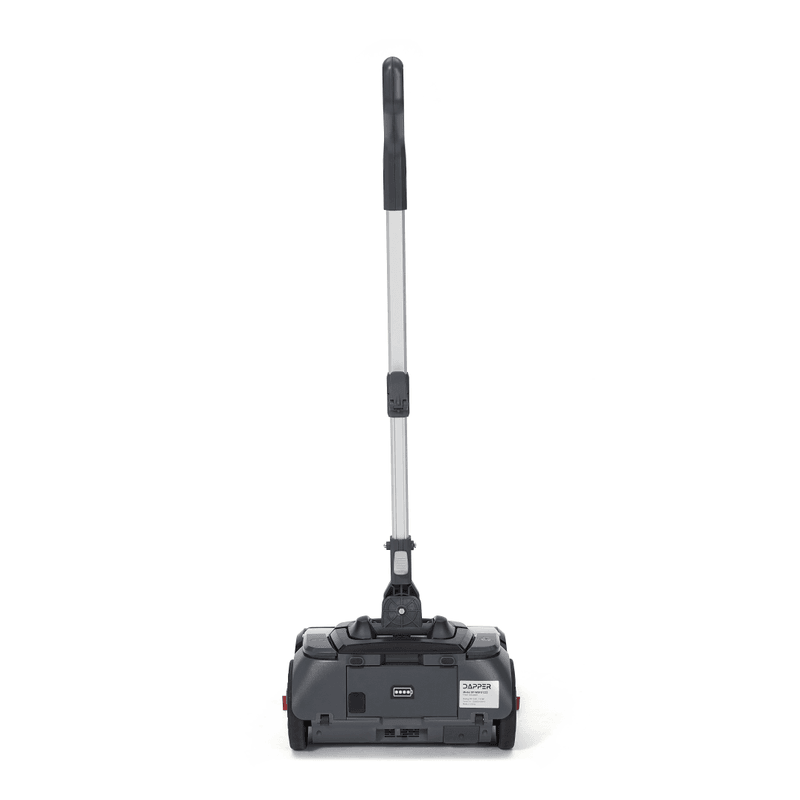 Dapper Supply cordless floor scrubber rear view with battery indicator and model label.