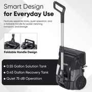 Dapper Supply floor scrubber infographic showing the dual tanks, foldable handle, and quiet operation.