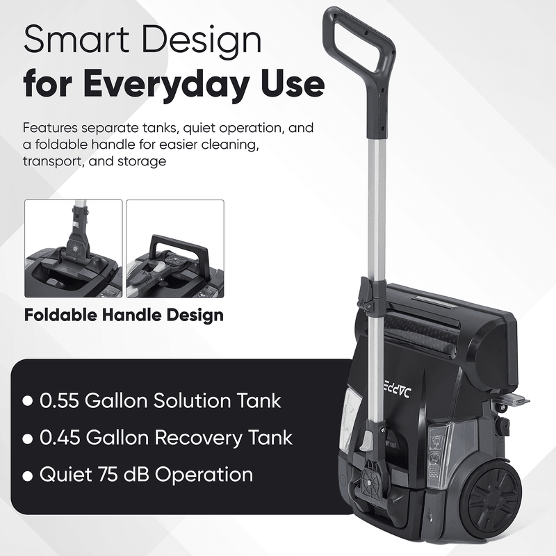 Dapper Supply floor scrubber infographic showing the dual tanks, foldable handle, and quiet operation.