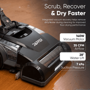 Dapper Supply floor scrubber infographic showing the 140W vacuum motor, 35 CFM airflow, and water lift.