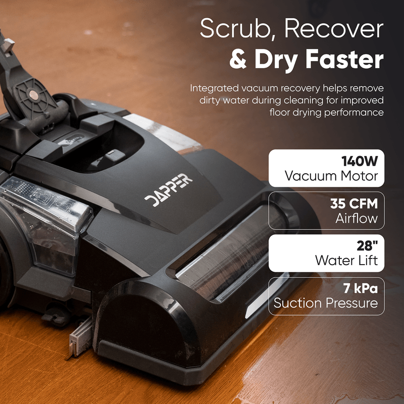 Dapper Supply floor scrubber infographic showing the 140W vacuum motor, 35 CFM airflow, and water lift.