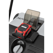 Dapper Supply 22-inch battery-powered sweeper battery dock and debris bin closeup.